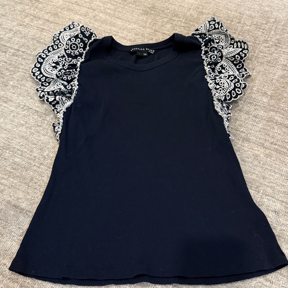 Veronica Beard Navy Blouse with Embroidered Ruffle Sleeves size L. Like new